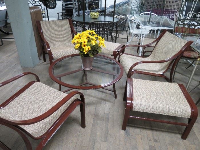 Brown Jordan Pfister Collection Chat Set- Restored in a powder coated finish with new slings  6 chairs-4 ottomans-round glass top cocktail table