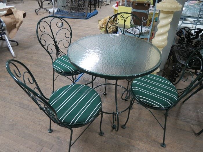 Vintage bistro set-round glass top table w/ 4 chairs  Restored in a powder coated green finish