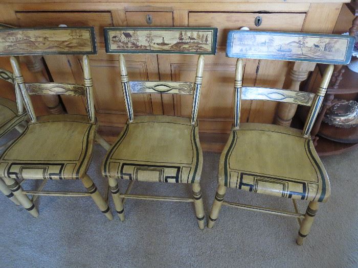 3 of Six Antique Chairs, each scene across is different, hand painted Great Condition and RARE to find 6 Matching 