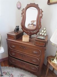 Walnut 3 Drawer Dresser with Race Track Molding, Hankie Boxes and Wish Bone Mirror 