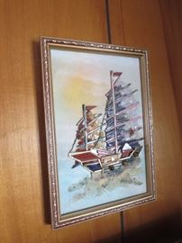 Framed Art Work of Ship made from real Gem Stones 