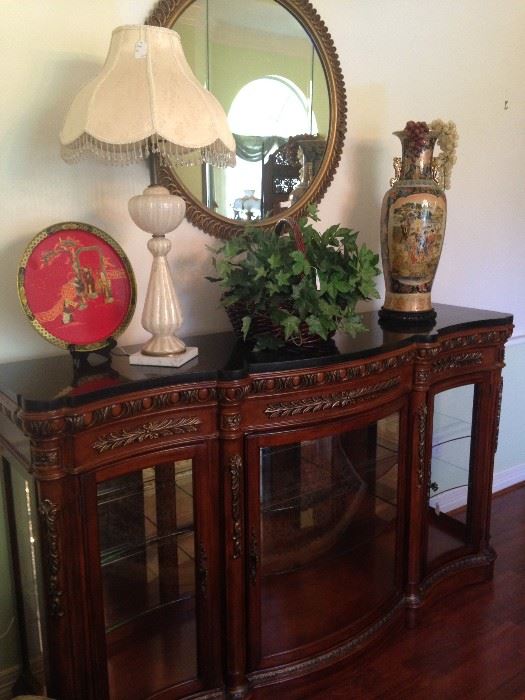 Lovely display cabinet; Italian Murano lamp; round mirror; other Asian selections