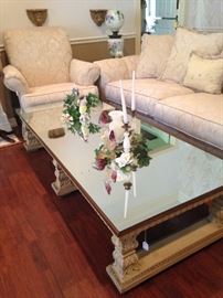 Mirrored top coffee table; white sofa (as is) and chair