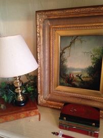 Small brass lamp; framed art