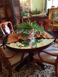 Antique oak table with mirrored top; 4 chairs