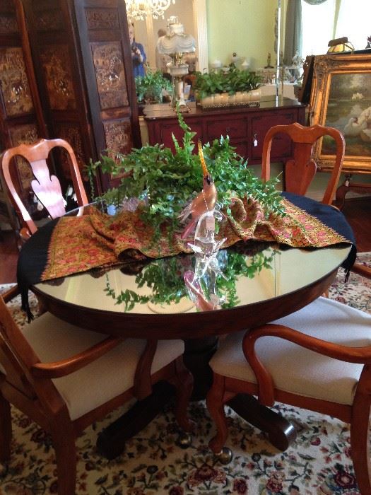 Antique oak table with mirrored top; 4 chairs