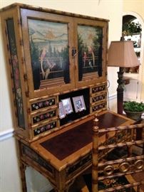 Painted bamboo secretary with matching chair