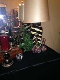 Zebra lamp, candelabra, and other selections