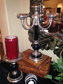 Black and silver candelabra, candle holder, and other decor