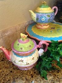 Sue Zipkin "Tea Garden" teapots and cake plate