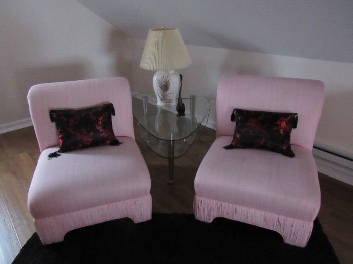 Pretty in Pink Slipper Chairs, Glass and Chrome End Tables
