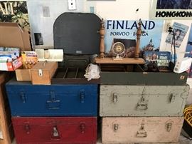 Four wonderfully maintained military trunks. Sorry, but the family wanted two of these, so there are only two left, but they are both really nice, and I have locks if you need them. Also, the tray on the right is for sale.