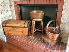 Vintage Trunk (TLC), Antique Stool, Copper Pot & Basket