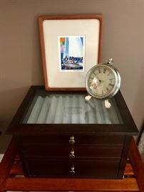 Gentleman's Cigar Case Dresser Box, Vintage Style Clock & Signed Artwork
