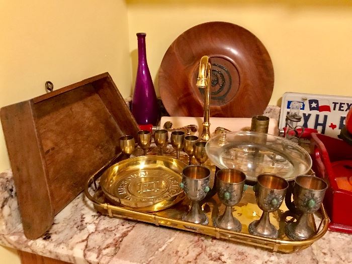Silverplate Goblets, Brass Tray, Wood Dust Pan & More