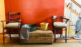 Two Semi-Antique Counter Height Chairs, Vanguard Ottoman, Large Metal Wash Basin & More