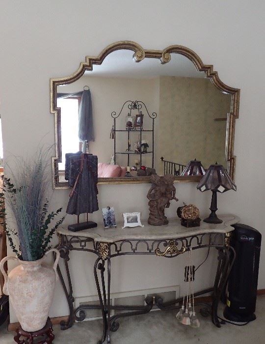 STATEMENT PIECE MIRROR AND IRON & MARBLE ENTRY TABLE - LARGE FLOOR VASE - STAINED GLASS LAMP - DECOR