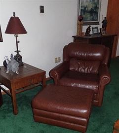 LEATHER CHAIR & OTTOMAN - SIDE TABLE 