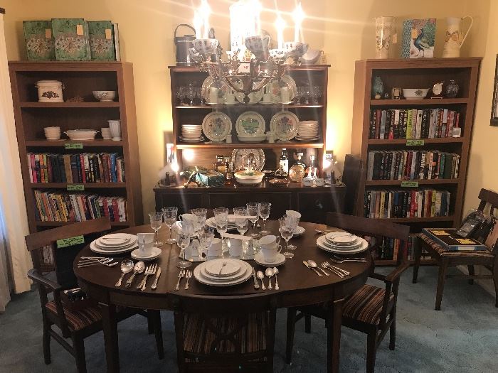Mid Century Dining Room Set ~ Step Back China Cabinet, Table With Pop Up Leaf And Two Extra Leaves, Five Chairs