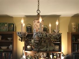 UNUSUAL Vintage Porcelain And Brass ASIAN Chandelier 