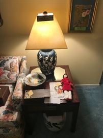 Vintage Henredon End Table With Brass Hardware ~ Asian Enameled Bowl ~ Asian Doll
