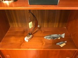 Vintage De Mott Sailboat On Onyx Base ~ Two Carved Inuit Fish Sculptures