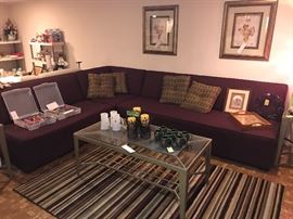 Contemporary Plum Three Pieces Sectional ~ Contemporary Iron And Glass Coffee Table With Slate Panels