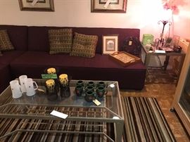 Contemporary Plum Three Pieces Sectional ~ Contemporary Iron And Glass Coffee Table With Slate Panels