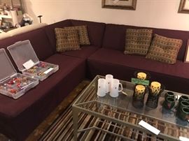 Contemporary Plum Three Pieces Sectional ~ Contemporary Iron And Glass Coffee Table With Slate Panels