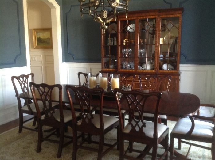 Hinkel Harris table with leaf, 8 chairs and matching China Cabinet.  Table, chairs, leaf and pads $3000.  China cabinet $1800.    Original cost $16,000.