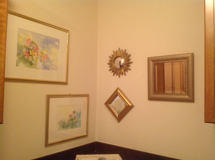 Three mirrors shown (4 available) - $10 -15, plus 2 original floral prints