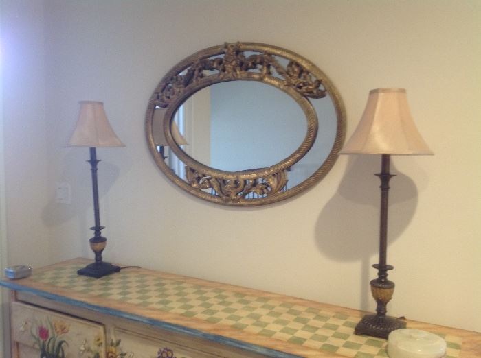 Oval mirror.. 38 w x 26 h - 125,  and habersham painted sideboard...74 w x 18 d x 33 h - $950
