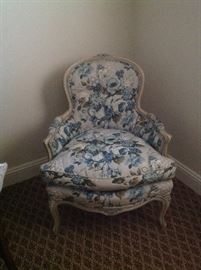 Lemont Kaplan Blue floral chair with white wood trim - $125.......29 w x 29 d x 36 H....sold