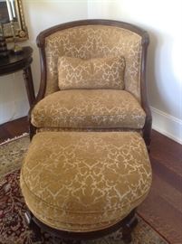Oversized gold chair and ottoman  - Chair measures 39 w x 39 d x 43 H $375     Ottoman measures 32 w x 27 d x 20 H - $75