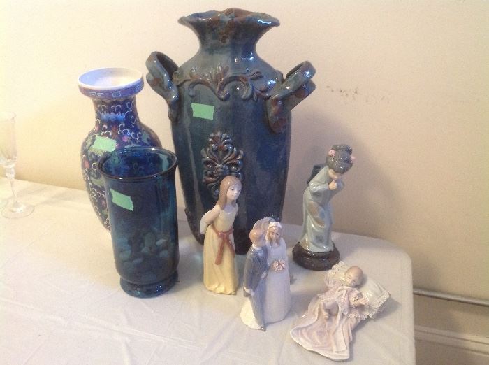 Pottery pieces and Lladro items