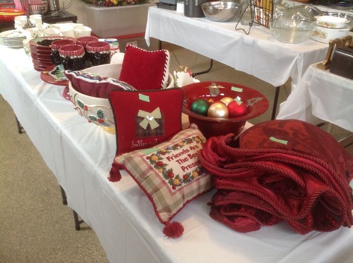 Christmas pillows, tree skirt, red bowl, large decorated bowl