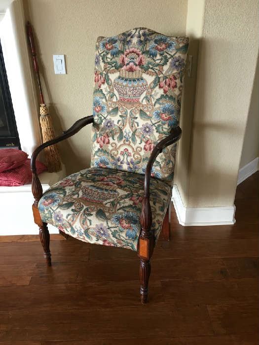 18TH C. HIGH BACK ARMCHAIR. GORGEOUS UPHOLSTERY.