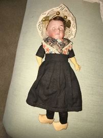 SMALL 8 " LITTLE DUTCH GIRL , SIGNED GERMAN BISQUE DOLL. SEE NEXT PHOTOS FOR DETAILS.