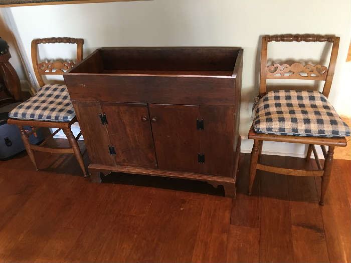 PRIMITIVE DRY SINK, ORIGINAL RED PAINT, TWO CHERRYWOOD ANTIQUE HITCHCOCK CHAIRS