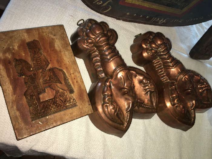 COPPER LOBSTER MOLDS AND WOOD BUTTTER MOLD.