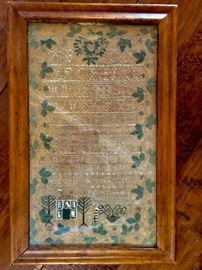 SAMPLER 1824   SARAH BURLEIGH, ORIG. BIRDSEYE MAPLE FRAME CHAMFERED WOOD BACK