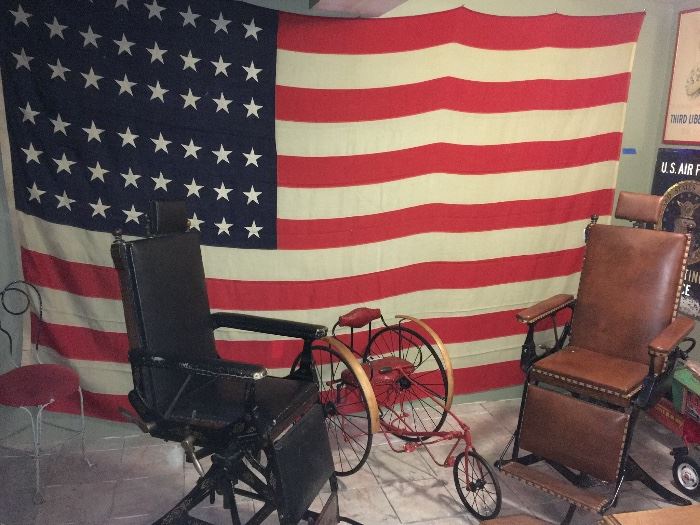 Giant 48 Star Flag, 2 Antique Medical Chairs, 1900's Velocipede 