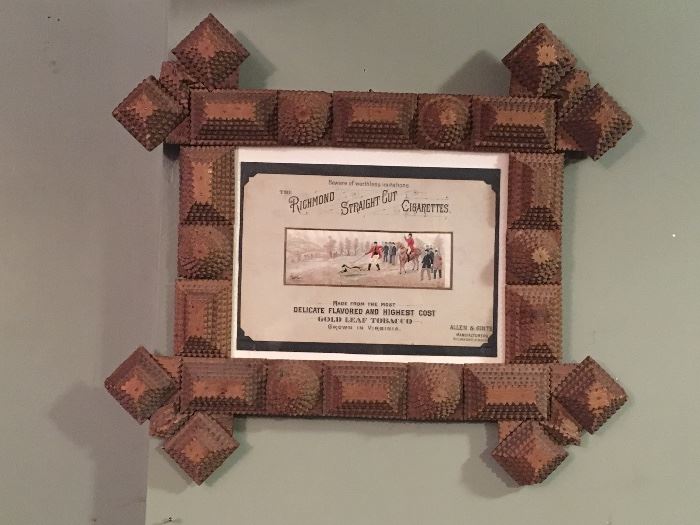 Tramp Art Frame with Tobacco Advertising 