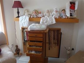 Solid Oak  Jewelry Cabinet & costume jewelry, Dolls