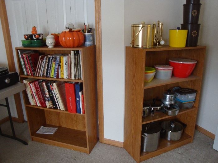 cookbooks. kitchen pans, ice bucket, canisters, holiday serving pieces