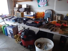 shop vac, paper shredder, black and decker cordless drill, misc tools