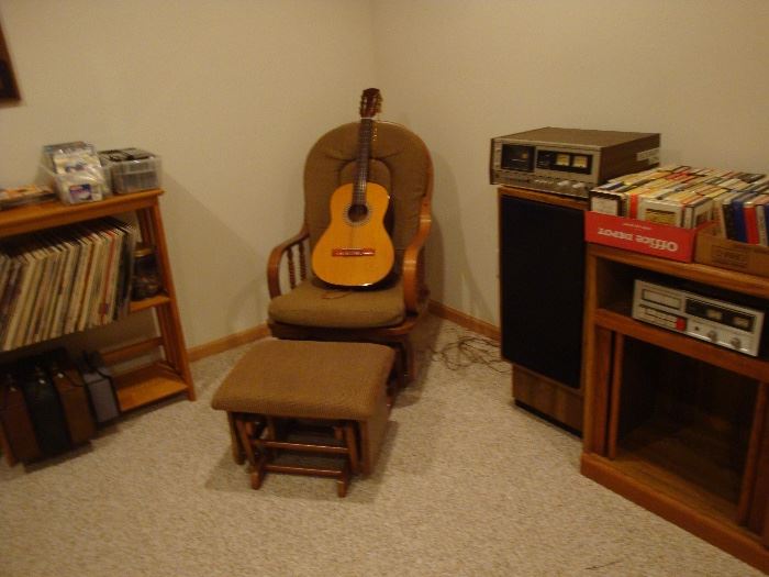 glider rocker & foot stool, vintage guitar, LP's, 45's (many promotional & for radio stations only)