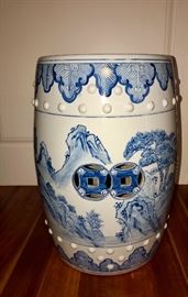Chinese, barrel shaped, pierced, blue and white ceramic garden stools