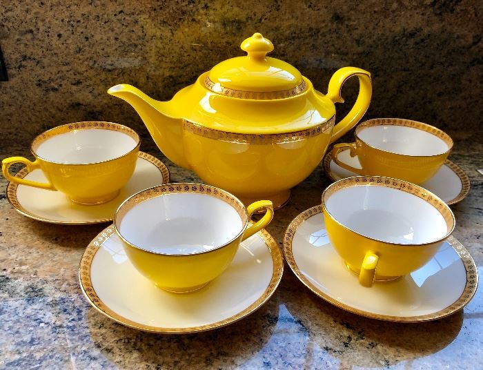 Teavana yellow and gold gilt tea set for 4 - NIB