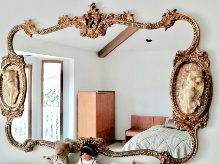 INCREDIBLE 6’ Long gold leaf mirror with large bisque medallions of lovers